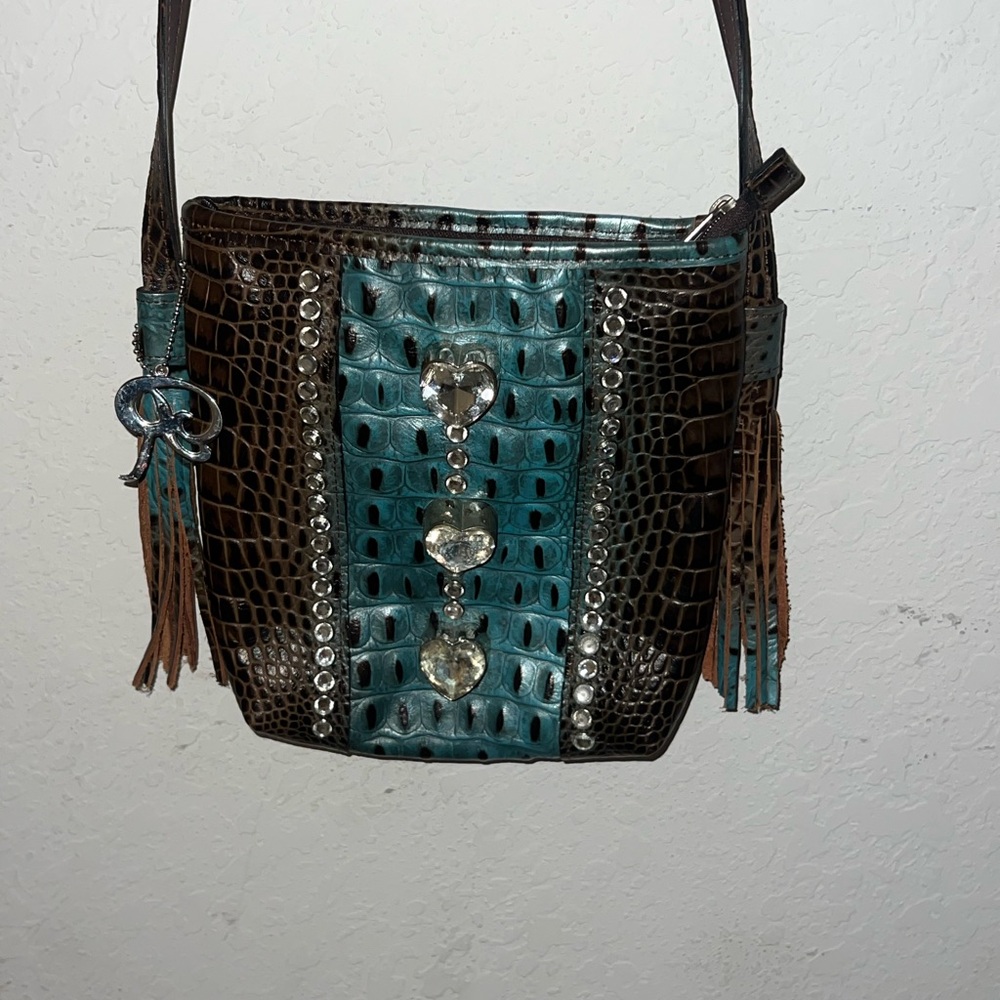 Elegant Brown and Teal Croc-Embossed Shoulder Bag